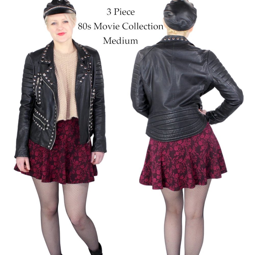 80s Madonna Movies Costume 3 Piece Faux Leather Jacket, Cap & Skirt - Medium